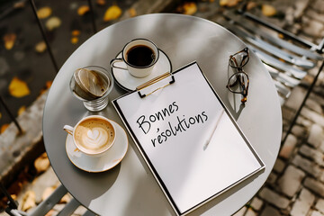 Table bistrot avec cafés, lunettes et liste de bonnes résolutions texte en français sur le bloc note., réflexion et de détente en plein air
