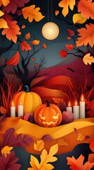 Paper cut style illustration of a cozy indoor pumpkin carving scene with warm lighting