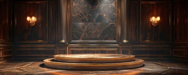 Polished wooden podium with a classic design, illuminated by warm lighting.