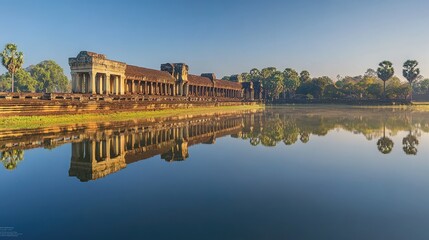 Obraz premium The reflection of Angkor Wat in the still waters of its moat during the golden hour.