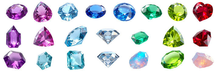 Fototapeta premium Gemstone Collection: A vibrant and diverse collection of precious gemstones, showcasing various shapes, sizes, and colors. Perfect for jewelry design, fashion, and luxury branding. 