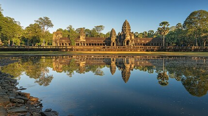 Fototapeta premium The reflection of Angkor Wat towers in the moat, with the temple bathed in the warm light of late afternoon.