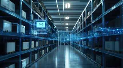 Obraz premium Warehouse shelves and digital inventory system interface with ample copy space, highlighting electronic management.