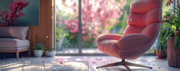 Cozy Modern Living Room with Stylish Pink Armchair and Large Window Overlooking Blossoming Garden