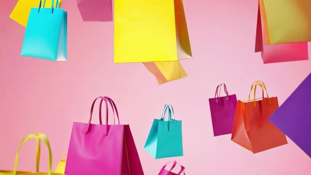 Brightly colored shopping bags hover in the air against a pink background, showcasing a lively and cheerful display