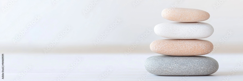 Poster balanced stack of smooth pebbles on light background - minimalist zen concept