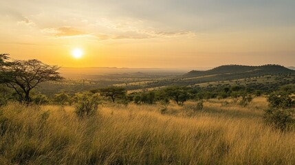 Fototapeta premium The rolling hills of Kruger National Park, with acacia trees scattered across the landscape and the sun setting in the distance.