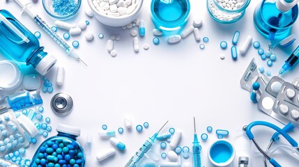 Fototapeta premium Medical and Health Frame Border Background with Various Pills, Syringes, and Medical Equipment on White