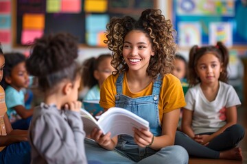 Fototapeta premium A female teacher reads to students sitting on the floor in a classroom