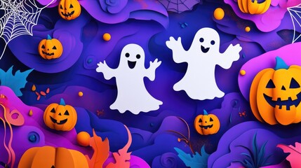 Paper cut style illustration of playful ghosts and pumpkins dancing under the moonlight