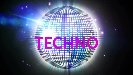 Animation of techno text over spots and disco ball moving - Powered by Adobe