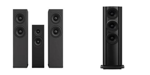 Obraz premium Set of modern black speakers showcasing sleek design and powerful sound, perfect for home audio systems or entertainment setups.
