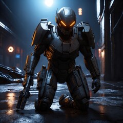 Fototapeta premium Cartoon illustration futuristic war machine in dark noise