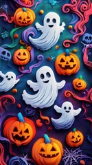 Obraz premium Paper cut style illustration of playful ghosts and pumpkins dancing under the moonlight