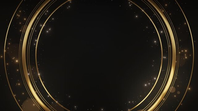 A stylish circular gold frame with sparkling particles and bokeh effects on a dark background, creating a luxurious and festive design.