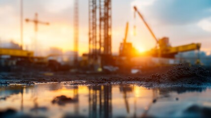 Obraz premium A construction site at sunset, highlighting cranes and machinery reflected in puddles, symbolizing industry and progress.