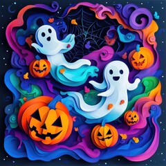 Paper cut style illustration of playful ghosts and pumpkins dancing under the moonlight