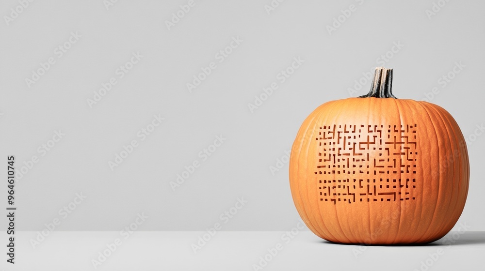 Poster minimalist closeup of carved pumpkin with qr code design against gray background