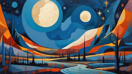 Obraz premium Minimalist oil painting abstract surrealism in geometric landscape of tundra and celestial space shown at night