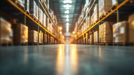Obraz premium A spacious warehouse aisle lined with stacked pallets, illuminated by overhead lights, showcasing storage and logistics.