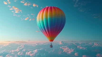 Fototapeta premium Colorful Hot Air Balloon Soaring Above the Clouds at Sunrise with Scenic Mountain View