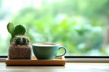 Cactus and green coffee cup on table by window and blurred green nature background