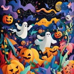 Paper cut style illustration of playful ghosts and pumpkins dancing under the moonlight