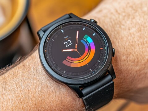 Modern Smartwatch Displaying Health Stats in Trendy Cafe Setting