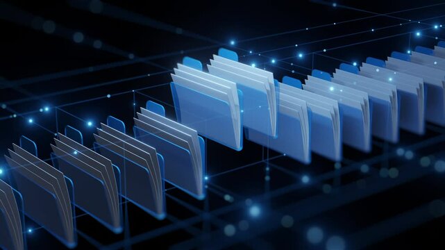 3D illustration of digital file folders organized in a virtual network, representing data management, cloud storage, or digital filing systems.