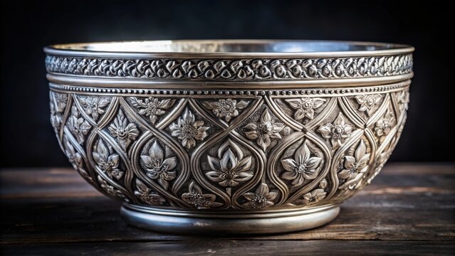 Traditional Thai silver bowl with intricate floral patterns, perfect for cultural and antique theme photoshoots