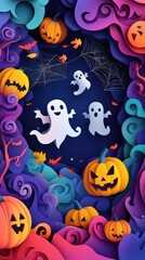 Paper cut style illustration of playful ghosts and pumpkins dancing under the moonlight