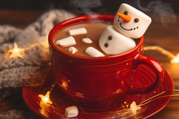 Red glass with hot chocolate and melted marshmallow snowman