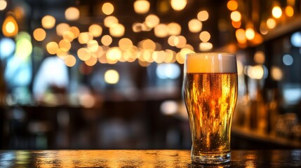 A glass of beer with a frothy top, set against a backdrop of warm, glowing lights in a cozy bar atmosphere.