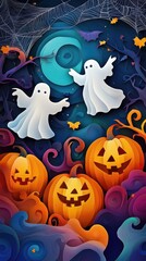 Paper cut style illustration of playful ghosts and pumpkins dancing under the moonlight