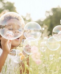 Fototapeta premium Joyful Children Playing with Bubbles in a Sunny Park