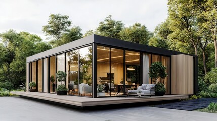 Fototapeta premium A modern green office with glass walls, surrounded by trees and solar panels, Eco-Friendly, 3D Render, Photorealistic