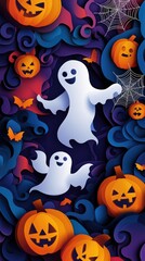 Fototapeta premium Paper cut style illustration of playful ghosts and pumpkins dancing under the moonlight