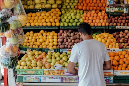A man in a white t-shirt is seen from behind as he organizes and arranges various fresh fruits in a vibrant outdoor produce market, surrounded by colorful fruit displays