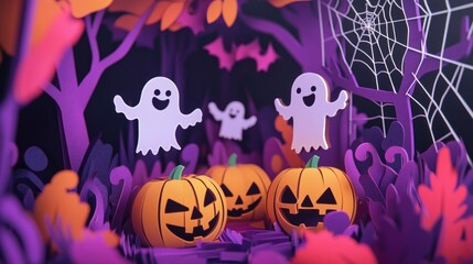 Paper cut style illustration of playful ghosts and pumpkins dancing under the moonlight