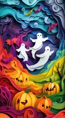 Fototapeta premium Paper cut style illustration of playful ghosts and pumpkins dancing under the moonlight