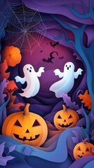 Paper cut style illustration of playful ghosts and pumpkins dancing under the moonlight