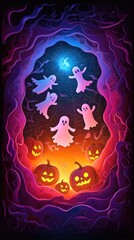 Paper cut style illustration of playful ghosts and pumpkins dancing under the moonlight