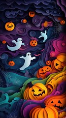 Paper cut style illustration of playful ghosts and pumpkins dancing under the moonlight