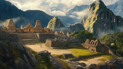 The Sacred Plaza at Machu Picchu, surrounded by the Temple of the Sun and other ancient buildings.