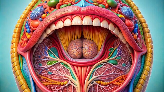 anatomy of tongue underside illustration with vibrant colors and intricate details