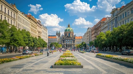 Fototapeta premium The scenic view of the Prague National Museum on Wenceslas Square, with vibrant city life surrounding it.