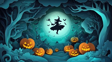 Paper cut style illustration of a witch flying over pumpkins under a full moon
