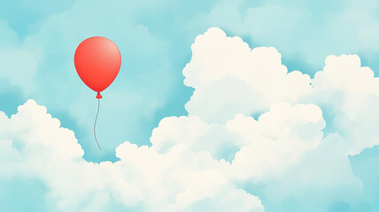 Fototapeta premium A single red balloon in a vast cloudy sky, large clean area on the left for copy, minimalist, vector style, calming shades of blue