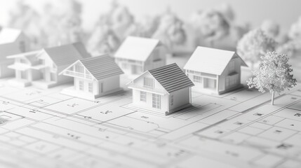 White model houses on a blueprint with a tree and blurred houses in the background.