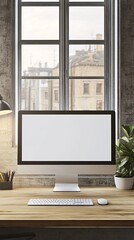 Fototapeta premium A modern computer monitor on a wooden desk, with a keyboard and mouse in front of it. A plant and lamp are on the desk. A window with a view of a city is in the background.